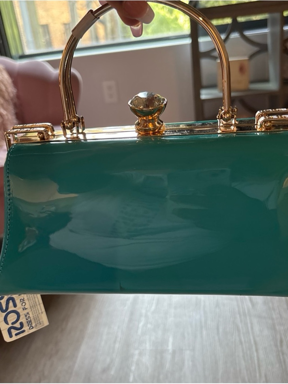 Teal Patent Top-Handle Clutch with Gold Hardware